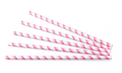 Drinkrietje papier roze/wit Ø8mm/24cm (1